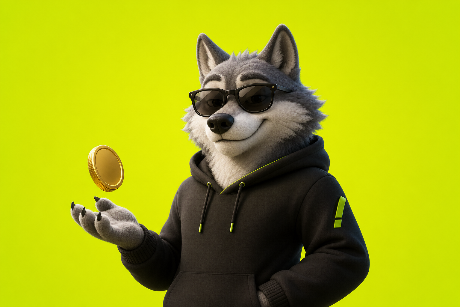 Premium 3D wolf mascot wearing sunglasses and a black hoodie